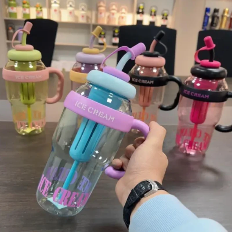 Large Capacity Ice Cream Water Bottle with Straw – Reusable Plastic Sports & Travel Bottle (Random color-Pack of 1) - Image 2