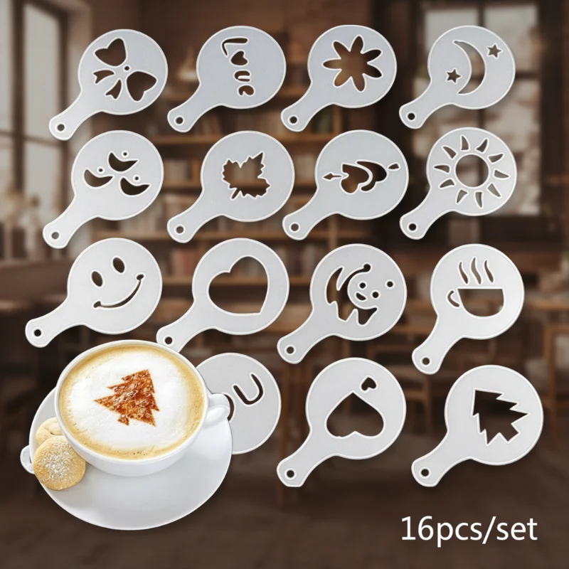 16 Pcs Coffee Stencil Set – Reusable Plastic Cappuccino & Latte Art Stencils for Coffee Decoration - Image 5