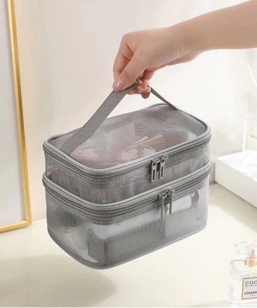 2 Layer Cosmectic Mesh Bag, Double Layer Cosmetic Bag, Easy Classification Large Capacity Mesh Cosmetic Bag with Sturdy Handle for Travel Black Double Layer - Image 5