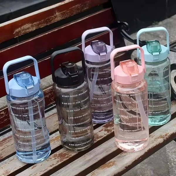 2000ml Transparent Motivational Water Bottle with Time Marker – Leakproof, Lightweight & Durable Plastic Sipper Bottle for Gym, Office & School(Random Color-Pack of 1) - Image 2