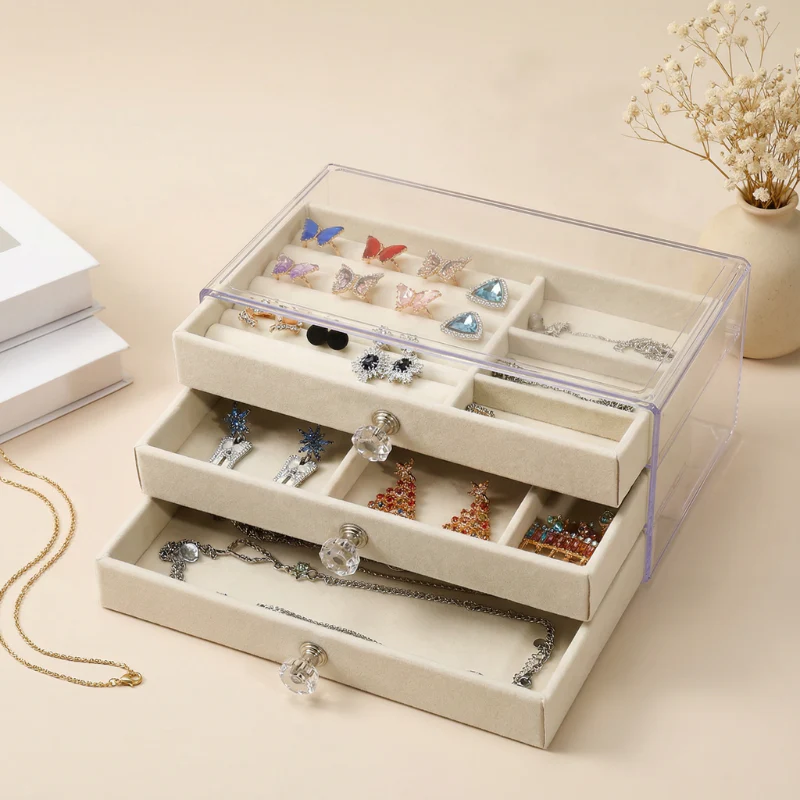 3-Drawer Stackable Velvet Jewelry Box – Elegant Jewelry Organizer with Soft Lining