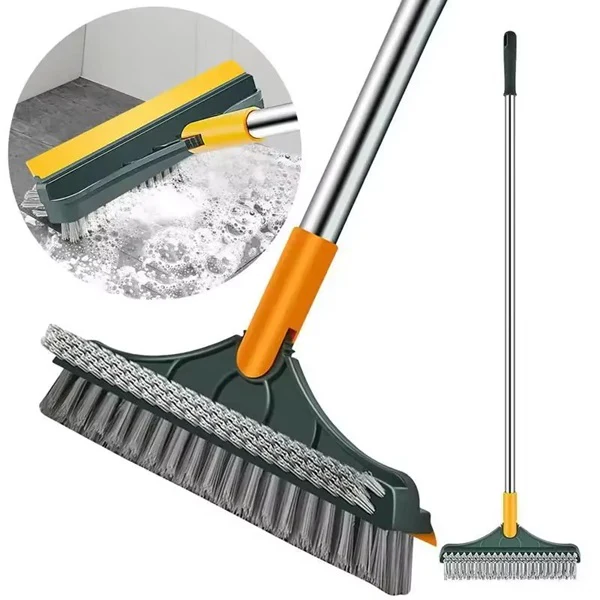 3-in-1 Bathroom Cleaning Brush with Wiper – Long Handle Floor, Tile & Corner Scrubber with Scraping Blade (Plastic & Stainless Steel) - Image 3
