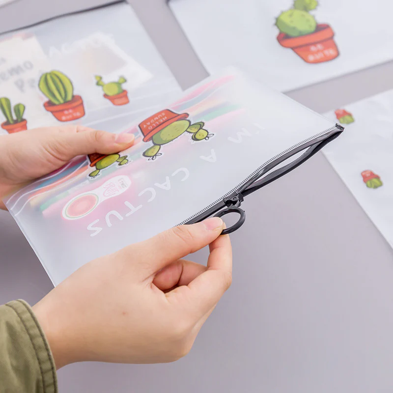 5 Pcs Cactus Print Transparent Zipper Ring Bags – Cute Student Pencil Case & Creative Multipurpose Pouch Set - Image 3