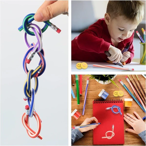 5pcs Striped Flexible Pencil, Flexible Soft Pencil Colorful Stripe Soft Pencils with Eraser as Gift for Students or Children - Image 2