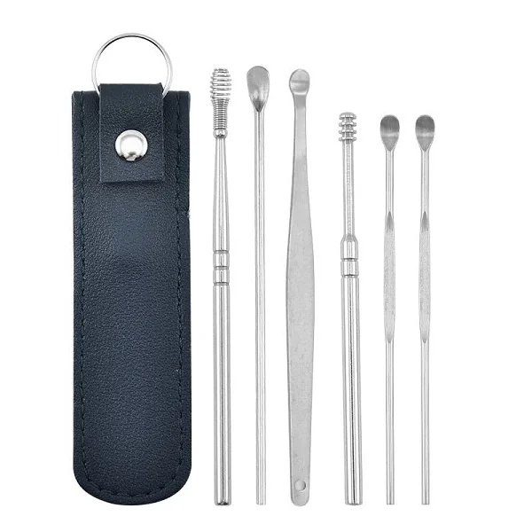 6 Pcs Stainless Steel Ear Cleaning Tools with Leather Cover – Reusable Earwax Removal Kit for Safe & Hygienic Ear Care (Random Colour) - Image 3