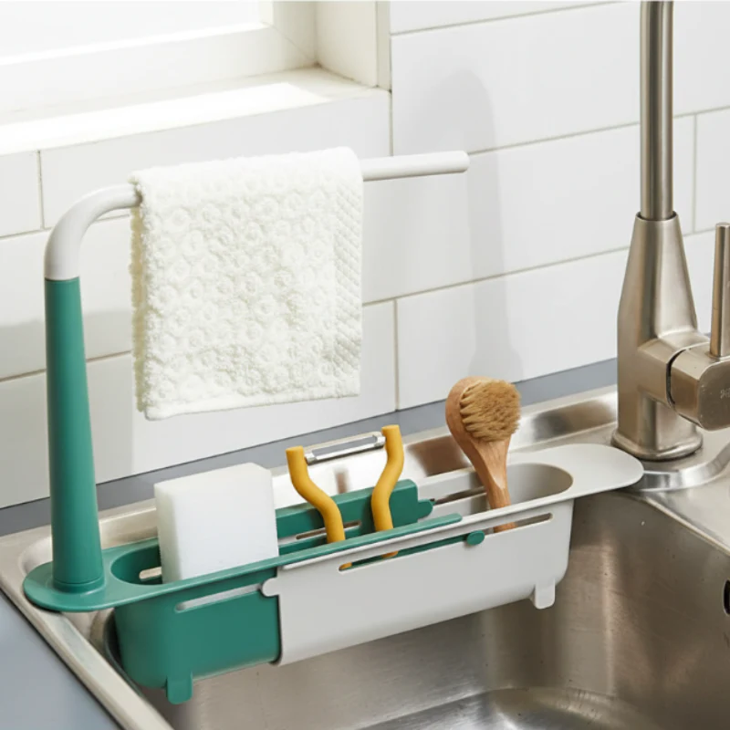 Adjustable Telescopic Sink Shelf – Expandable Kitchen Sink Organizer Rack with Drain Basket & Cloth Hanger (Random Color- Pack of 1) - Image 5