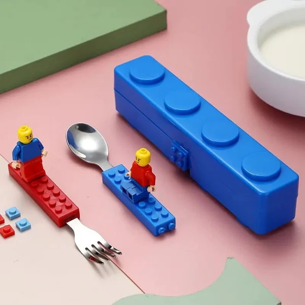 Block Spoon & Fork Set, Kids Stainless Steel Building Blocks Cutlery, Interactive Lunch Set with Figures, Spoon & Fork Cutlery Set with Storage Box for Kids Birthday Return Gift, Travel Cutlery Set - Image 5