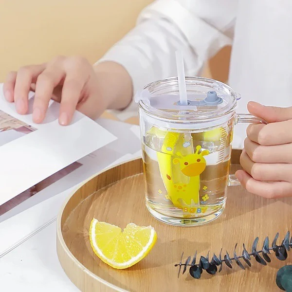 Cartoon Printed Glass Sipper Mug With Silicone Straw - Image 3