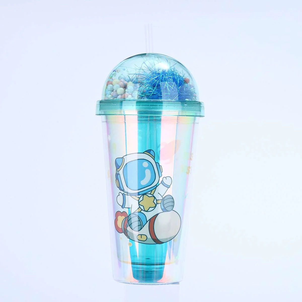 Creative Astronaut Print Plastic Cup โ Double-Layer Cute Water Cup with Straw & LED Light, Portable & Fun (Random Color - Pack of 1) - Image 3
