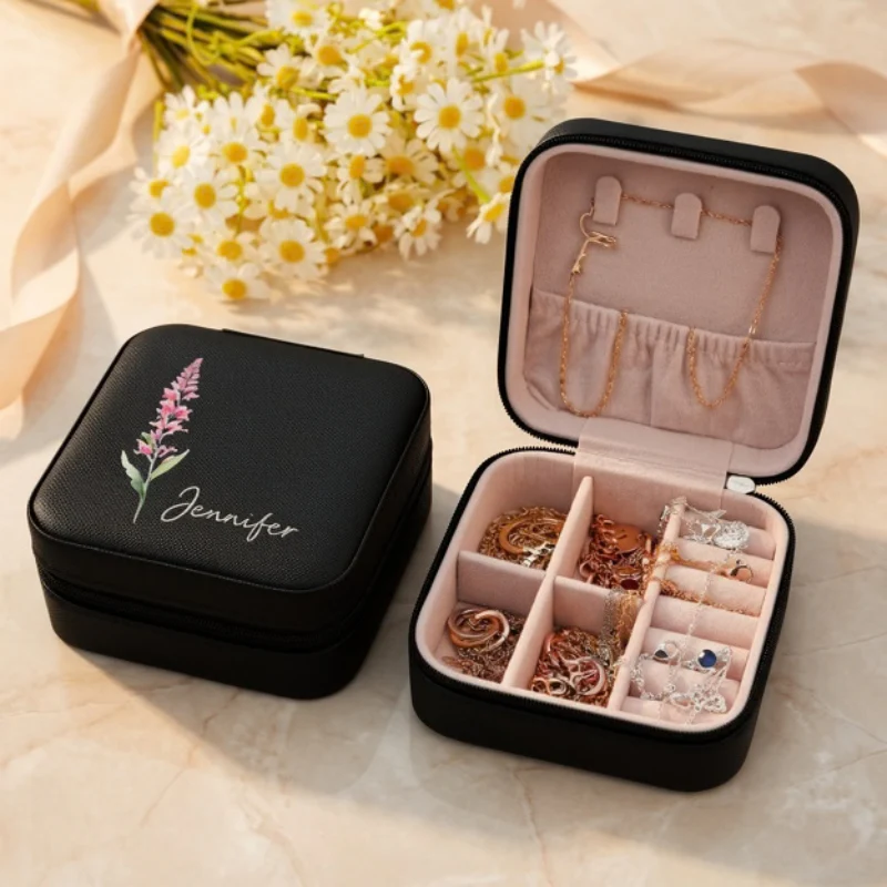 Custom Birth Flower Jewellery Box – Personalized Leather Travel Jewellery Organizer - Image 5