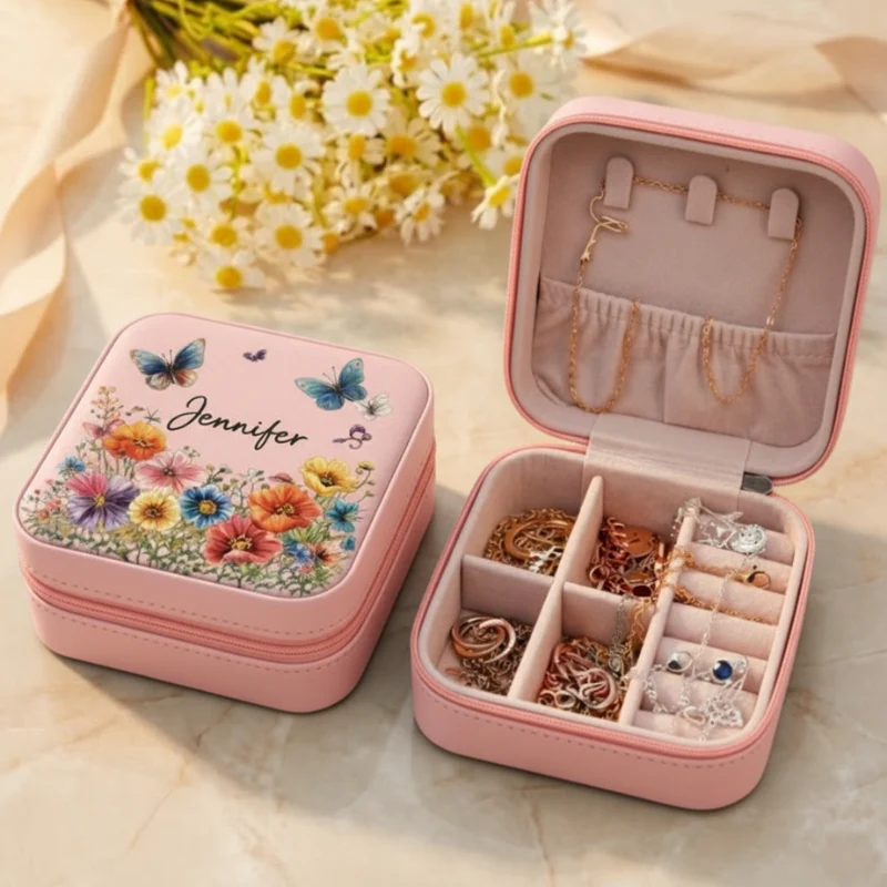 Personalized Travel Jewelry Organizer with Name – Custom Floral / Butterfly Design Jewelry Storage Box - Image 5