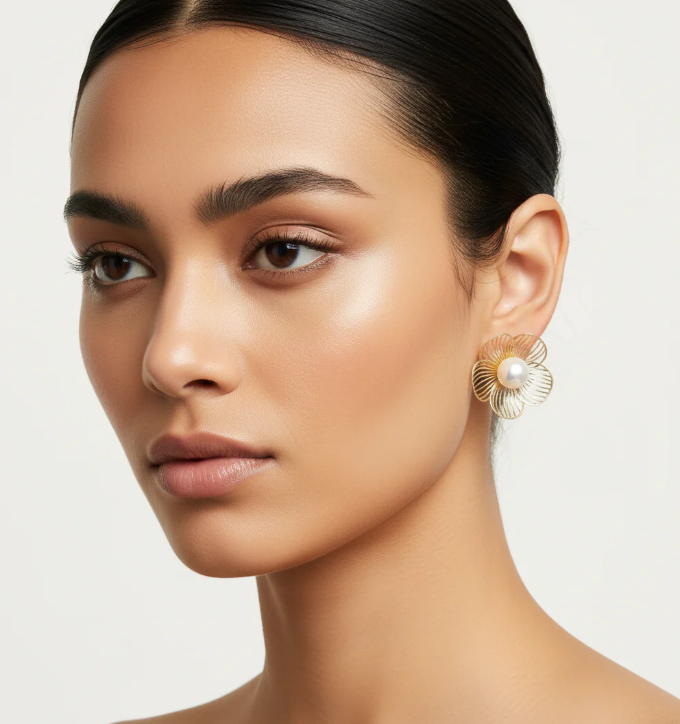 Elegant Gold Flower Pearl Stud Earrings for Women – Chic Daily & Party Wear Jewelry( 1 Pair) - Image 2