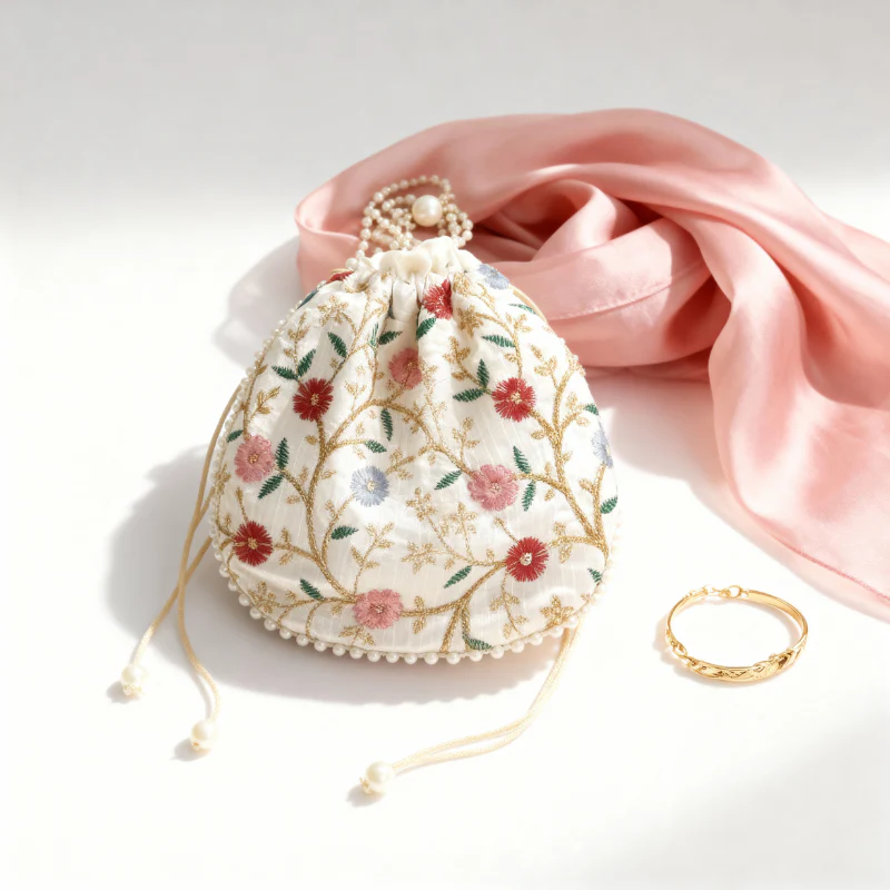 Embroidery Potli Bags for Women with Pearl Handle & Drawstring – Elegant Traditional Gift Pouch for Weddings & Festive Occasions - Image 2