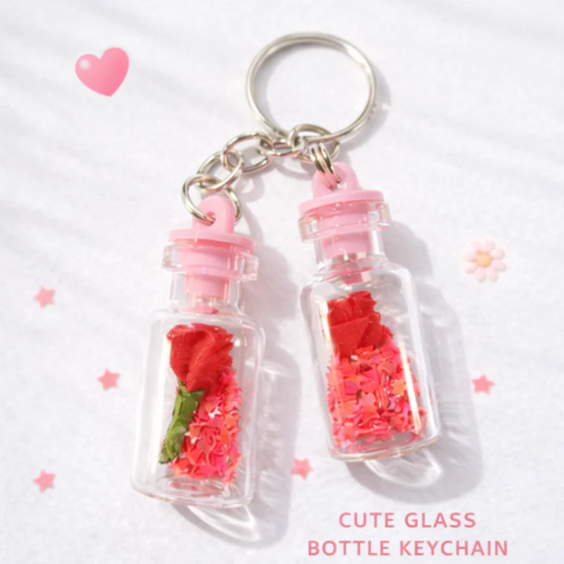 12 Pcs Glass Bottle Keychains with  Rose & Glitter – Decorative Mini Bottle Keyring (Random Color) - Image 2
