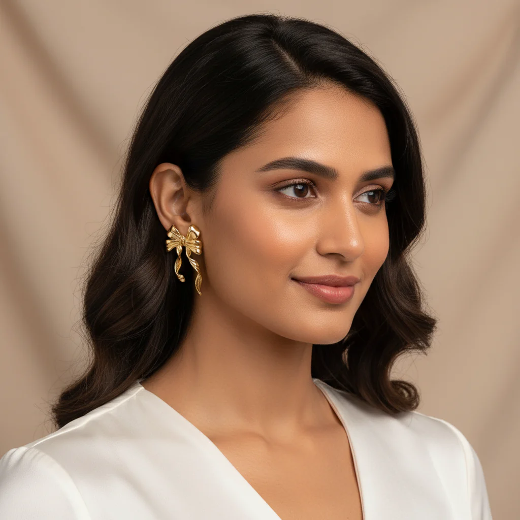 Gold Plated Bow Stud Earrings – Dainty Ribbon Earrings for Women, Hypoallergenic & Elegant Jewelry Gift(1 Pair) - Image 2