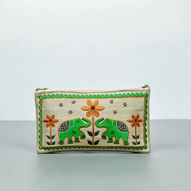 Handcrafted Elephant Embroidered Fabric Pouch – Traditional Ethnic Mini Bag for Women (Random Color-Pack of 1) - Image 2