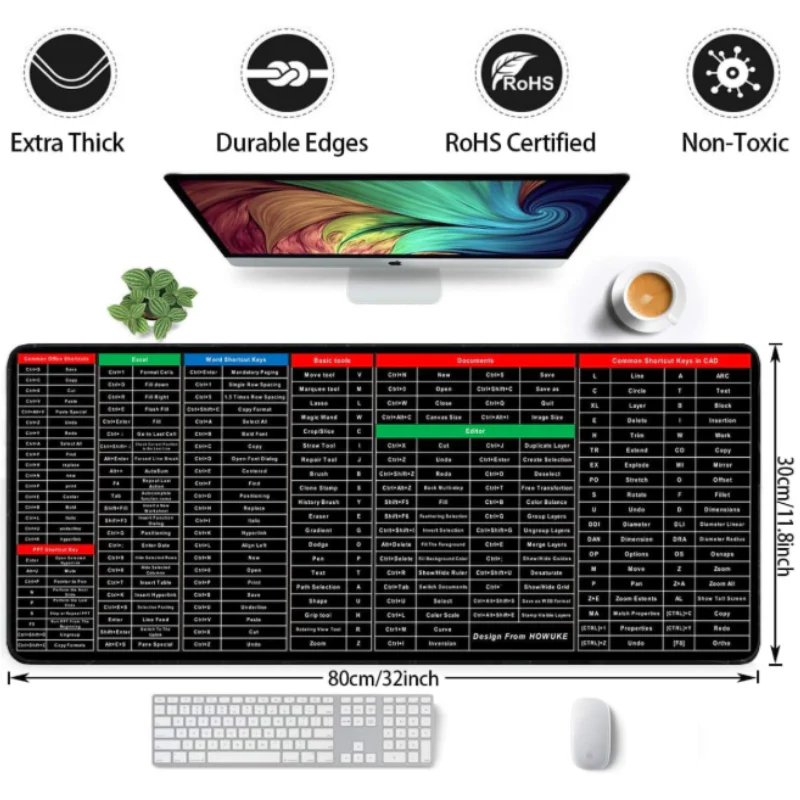 Keyboard Shortcut Key Mouse Pad – Excel & Office Software Shortcuts Extended Desk Mat (30 x 70 cm) - Image 3
