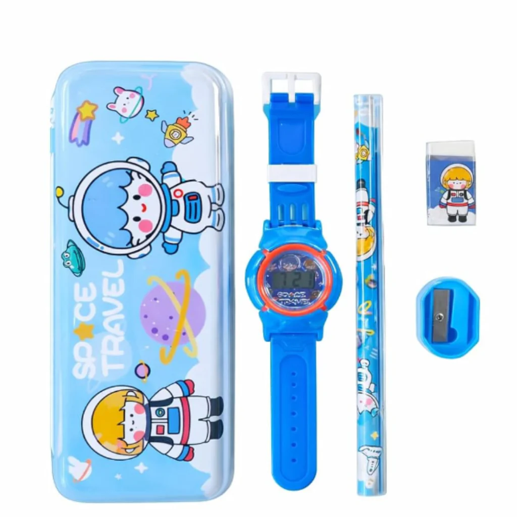 Kids Digital Watch with Stationery Combo Set – Cartoon Wrist Watch & School Stationery Kit for Children (Random Color-Pack of 1) - Image 2