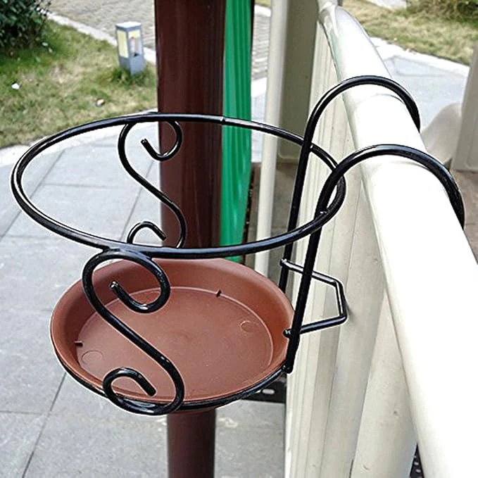 Large Black Metal Hanging Flower Pot Holder – Heavy-Duty Balcony Railing Planter Stand (Pack of 2) - Image 3