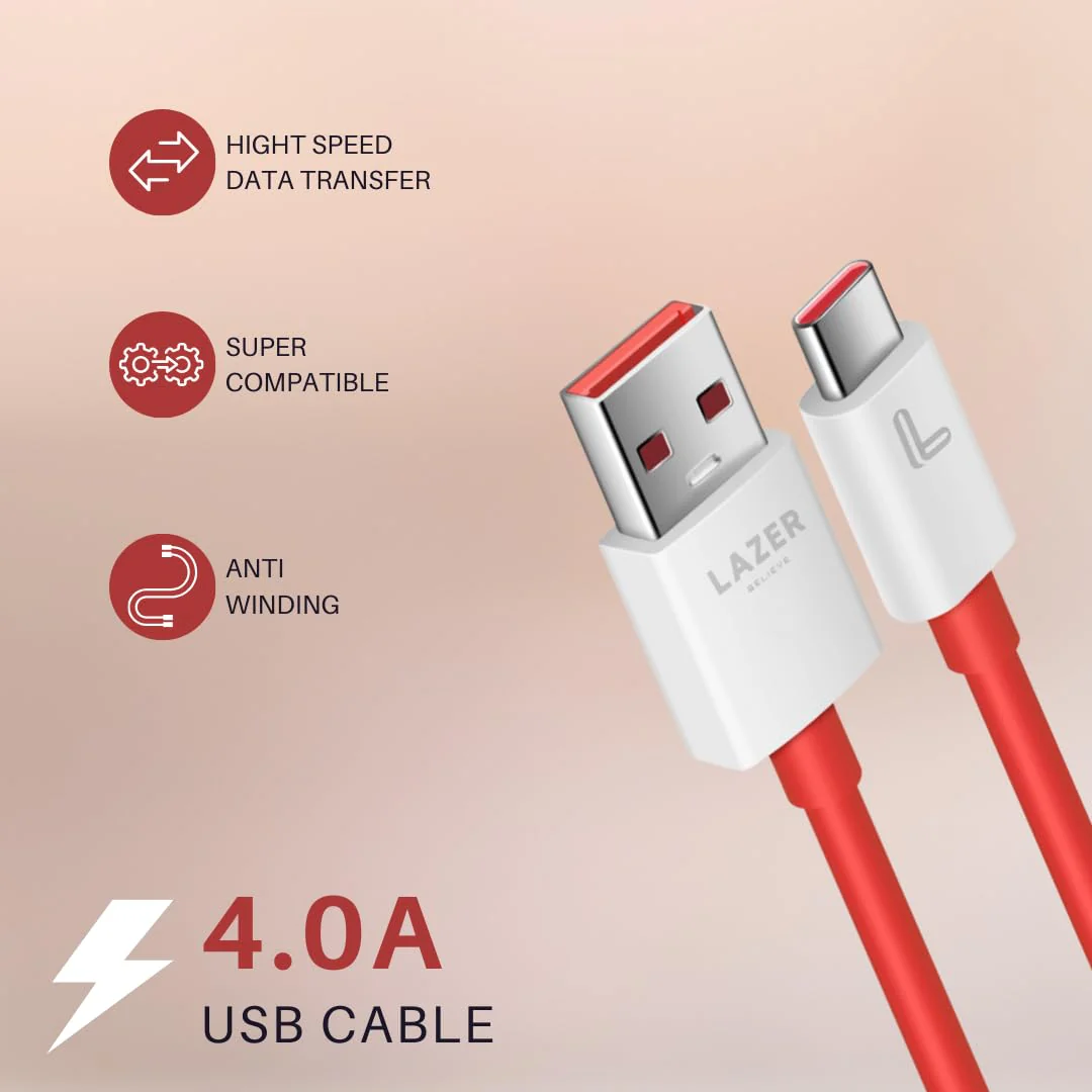 Lazer 45W USB-A to USB-C Cable – Fast Charging & High-Speed Data Transfer Cable for Smartphones, Tablets & Accessories - Image 3