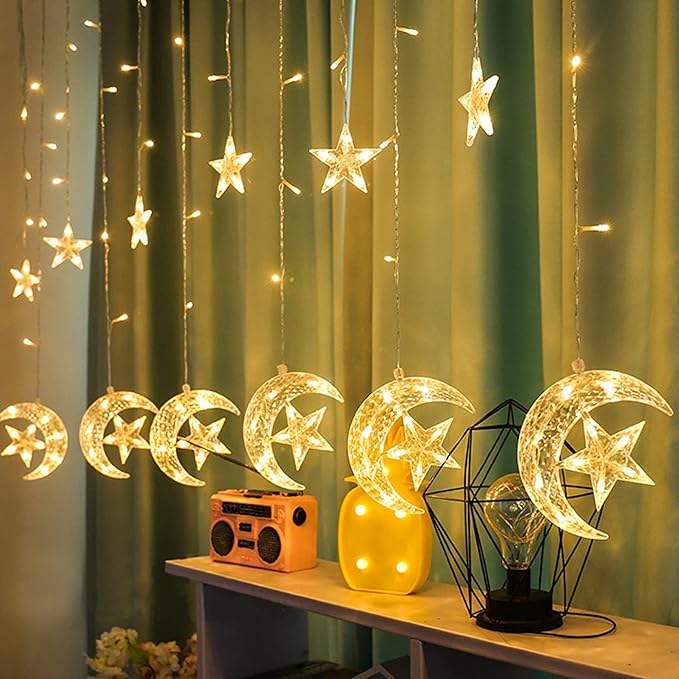LED Star & Moon Curtain String Lights – Warm White Hanging Fairy Lights for Home, Bedroom & Festival Decoration (12 Stars + 6 Moons)