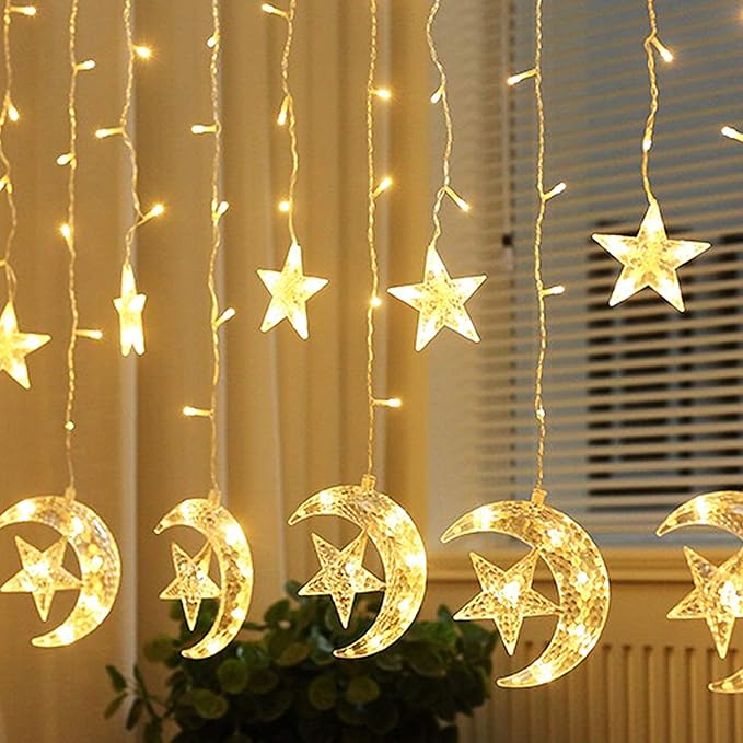 LED Star & Moon Curtain String Lights – Warm White Hanging Fairy Lights for Home, Bedroom & Festival Decoration (12 Stars + 6 Moons) - Image 2