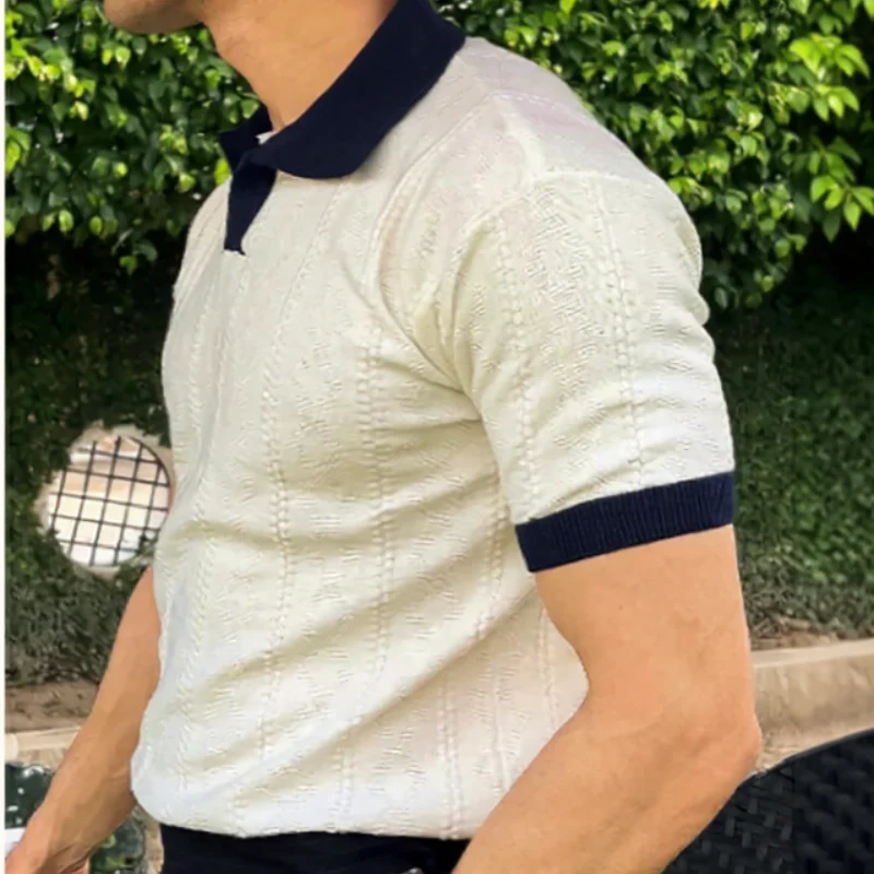 Monaco White Polo T-Shirt – Luxury Textured Jacquard Knit, Buttonless Design, Lightweight & Breathable - Image 2
