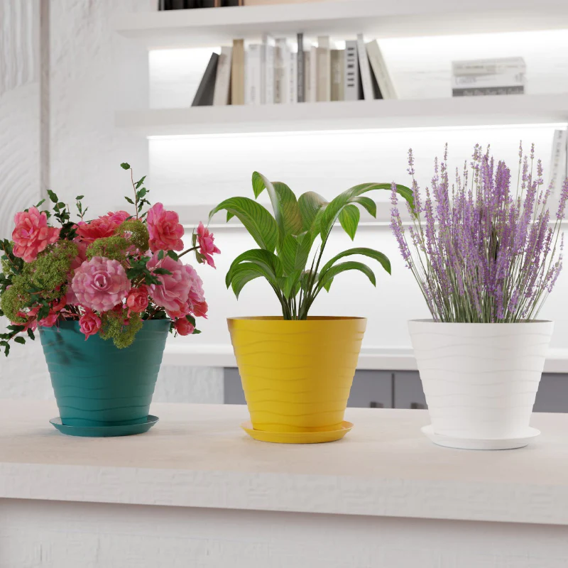 Premium Plastic Big Flower Pot Set With Matching Base Trays (Random color - 5 Pcs set) - Image 4