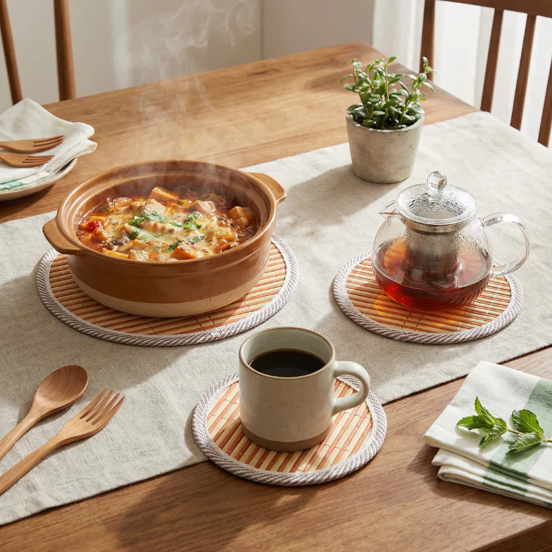 Round Bamboo Table Mat with Rope Border – Heat-Resistant Placemat & Coaster for Dining Table, Kitchen, & Cookware (Set of 3 Sizes-Small,Midium & Large) - Image 3