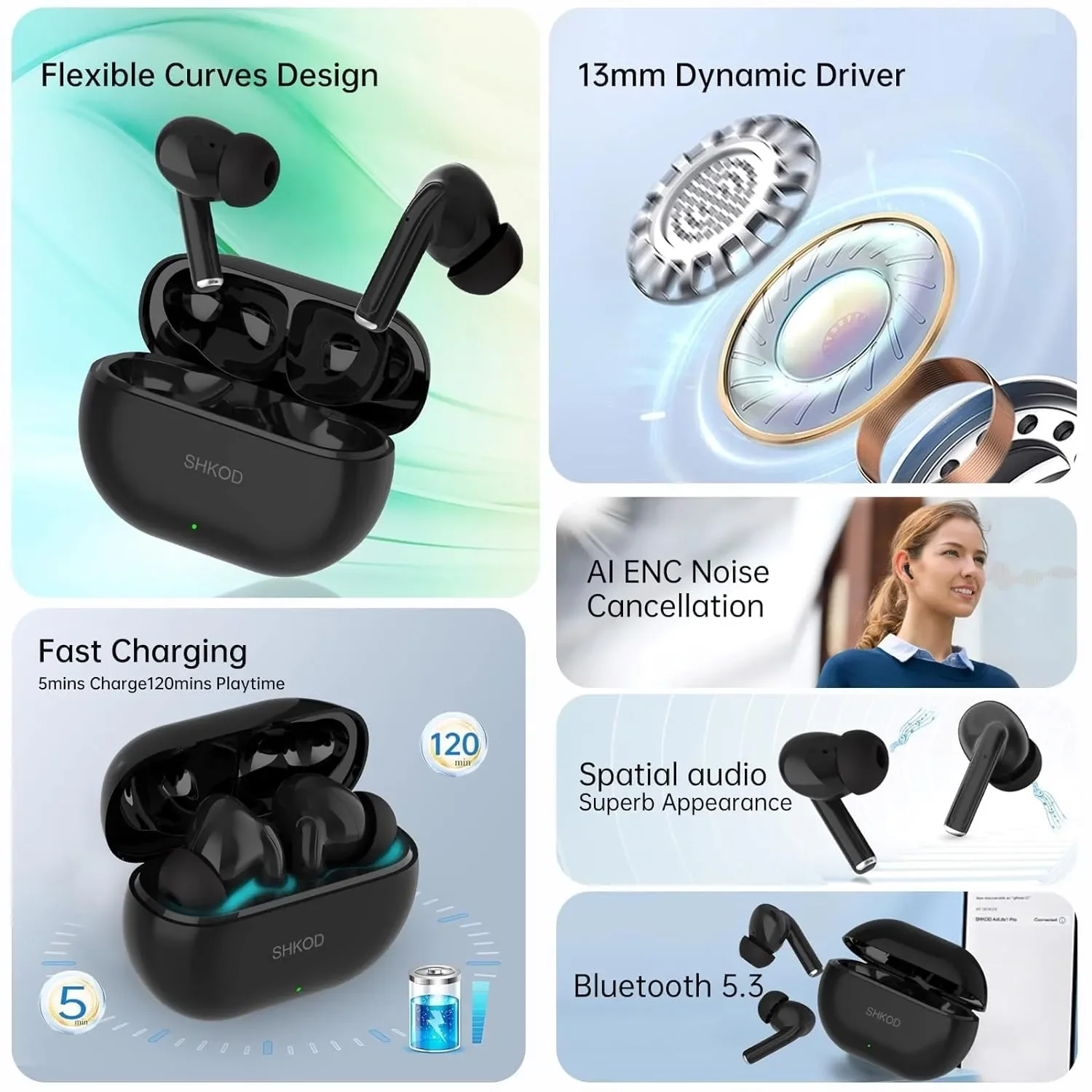 SHKOD AirLits1 Pro True Wireless Earbuds with Mic โ Bluetooth 5.3, Fast Charging, High Bass, Touch Control & Long Playtime (Black) - Image 5