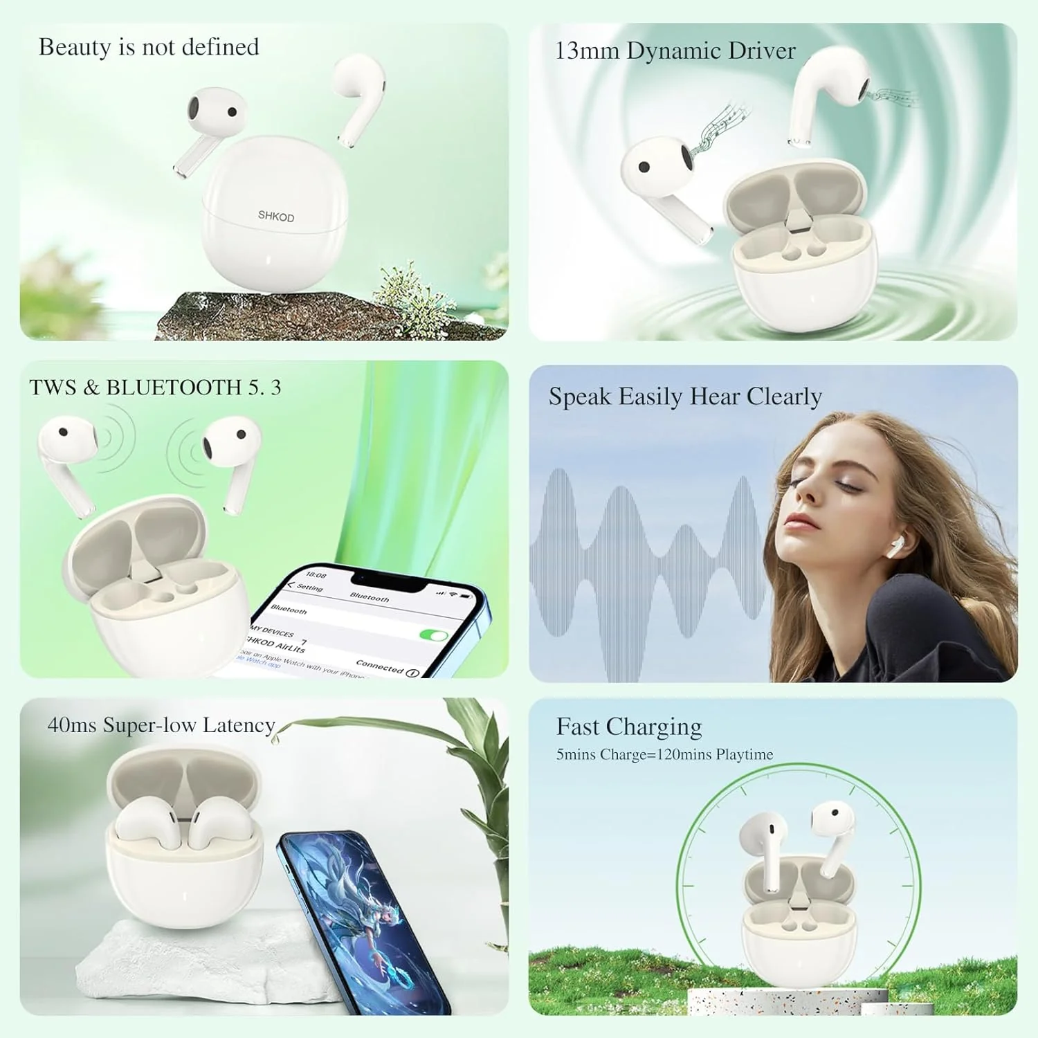 SHKOD AirLits11 True Wireless Earbuds – Bluetooth 5.3, ENC Noise Reduction, 38H Playtime, Fast Charging, One Touch Control (Moonlight White) [NO COD] - Image 3