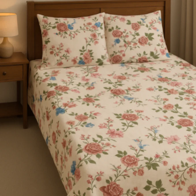 Spring Bloom Bedsheet Set – Premium Floral Print with Green Leaves & Colorful Flowers – With Pillow Covers - Image 3
