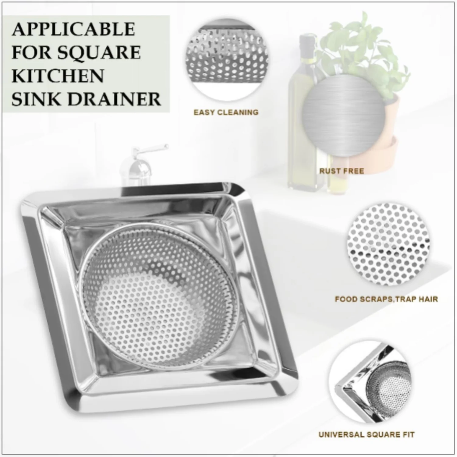 Square Stainless Steel Sink Strainer 11 CM – Anti-Clogging Drain Filter & Hair Catcher | Rustproof Mesh Jali for Kitchen - Image 6