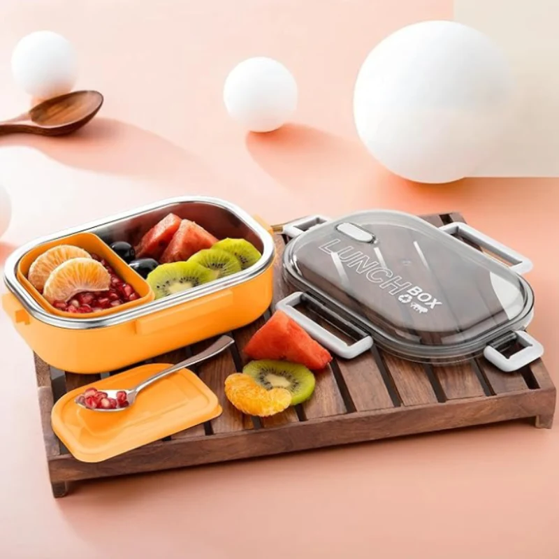 Stainless Steel Lunch Box with Spoon – Break Time Food Container for School, Office & Travel (Random color-Pack of 1)