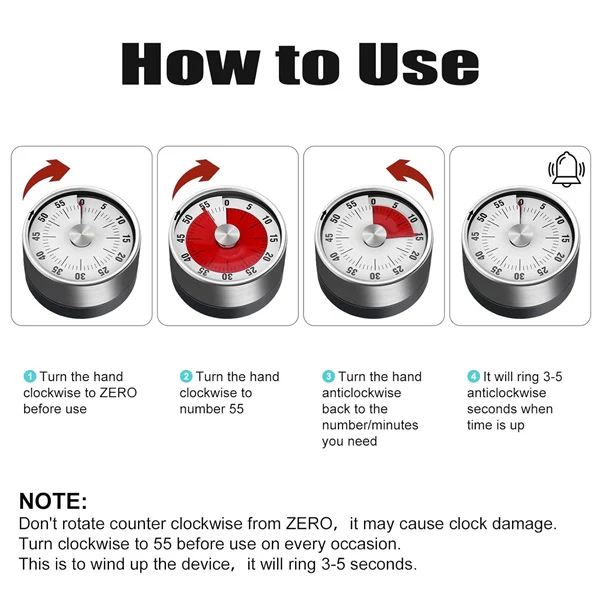 Stainless Steel Timer Clock Alarm, Visual Timer with Stainless Steel Face 60-Minute Visual Countdown Timer with Loud Alarm, Magnetic Back Stand Hanging Hole Timer - Image 3