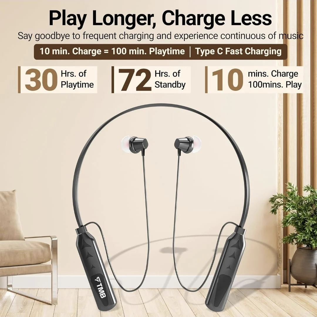 TMB M33 Bluetooth Earbuds - 6H Playtime, 250mAh Battery, Copper Speakers, Fast Charging, and Magnetic Buds (Black) - Image 3