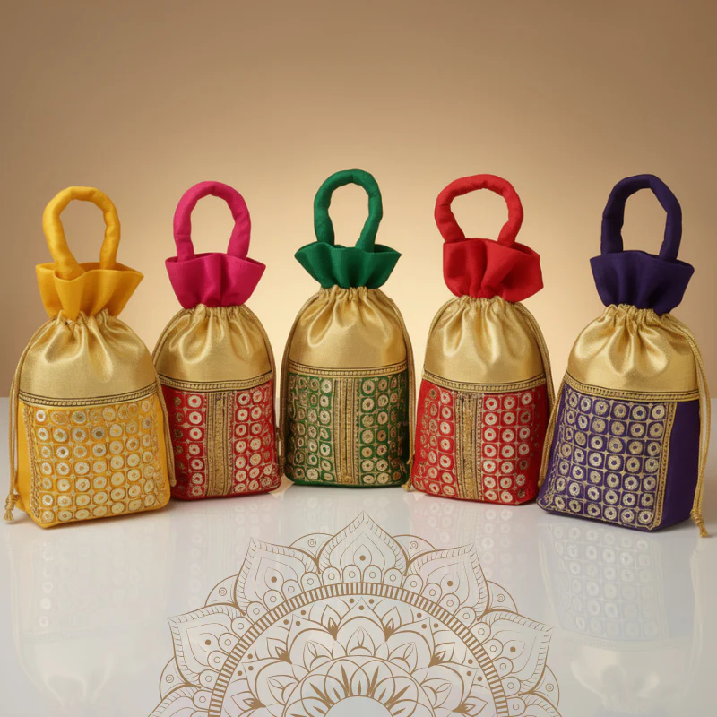 Traditional Sequined Potli Bags for Women – Fancy Indian Potli Gift Bags for Weddings, Mehndi, and Festive Favors (Silky & Satin, 14x24 cm) (Random color-Pack of 1)