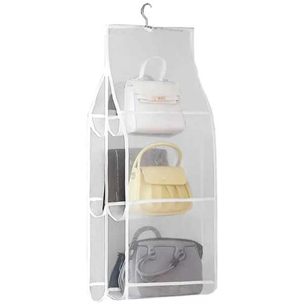 Transparent 6-Pocket Foldable Handbag Organizer – Dustproof Hanging Purse Cover for Wardrobe Storage - Image 3